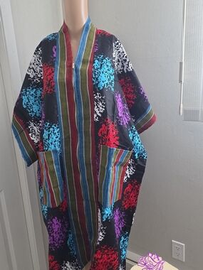Bold Splash Stripe Kimono Robe - Black with Blue, Red, Purple Accents